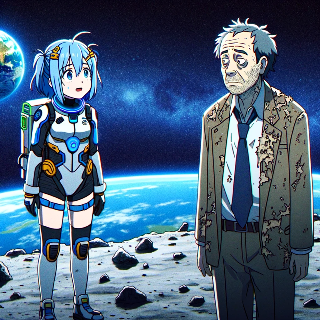 Two anime-style characters standing on the moon with Earth in the background. The first character is a young girl resembling a 15-year-old Japanese girl with blue hair and a futuristic two-tone plug suit. She looks curiously at the second character, an older man who appears disheveled and confused.