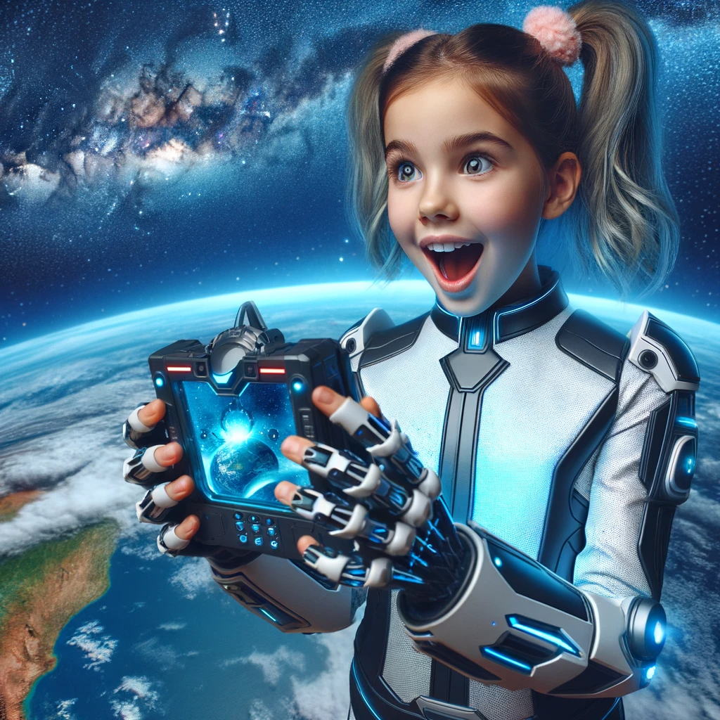 A young girl with an excited expression holding a futuristic gadget, standing on Earth with a starry sky in the background.